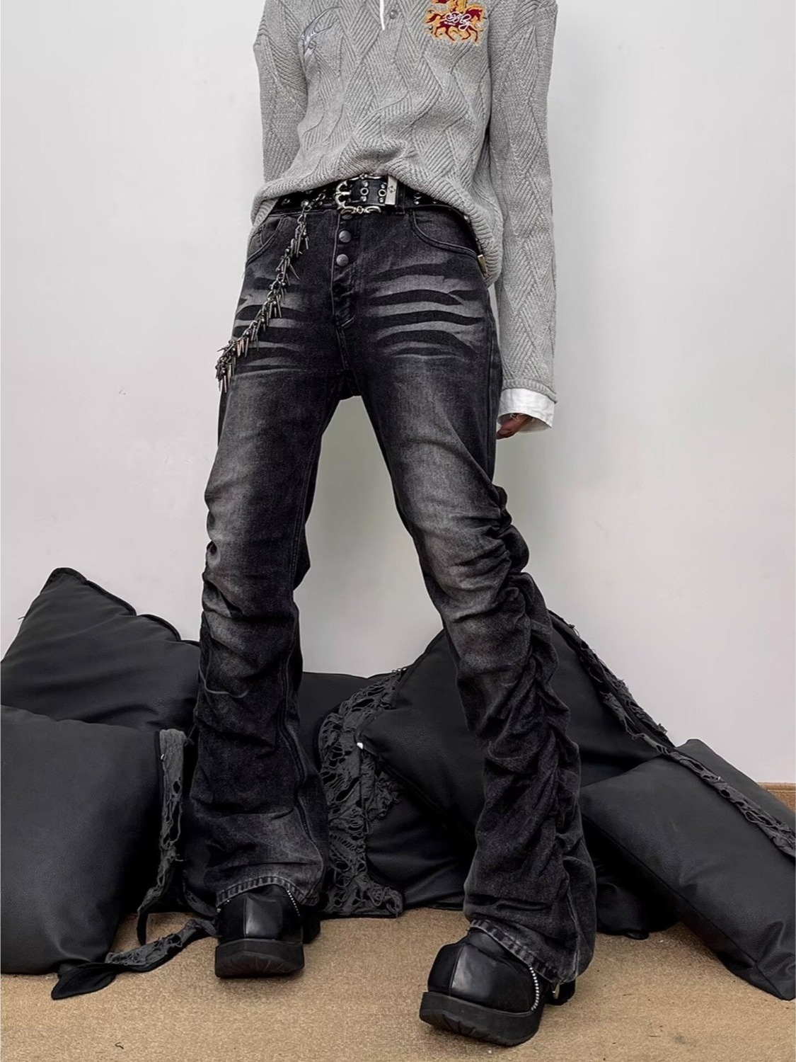 Washed Black Grey Men's Slim S - Streetwear Brand Denim ulasan dan harga