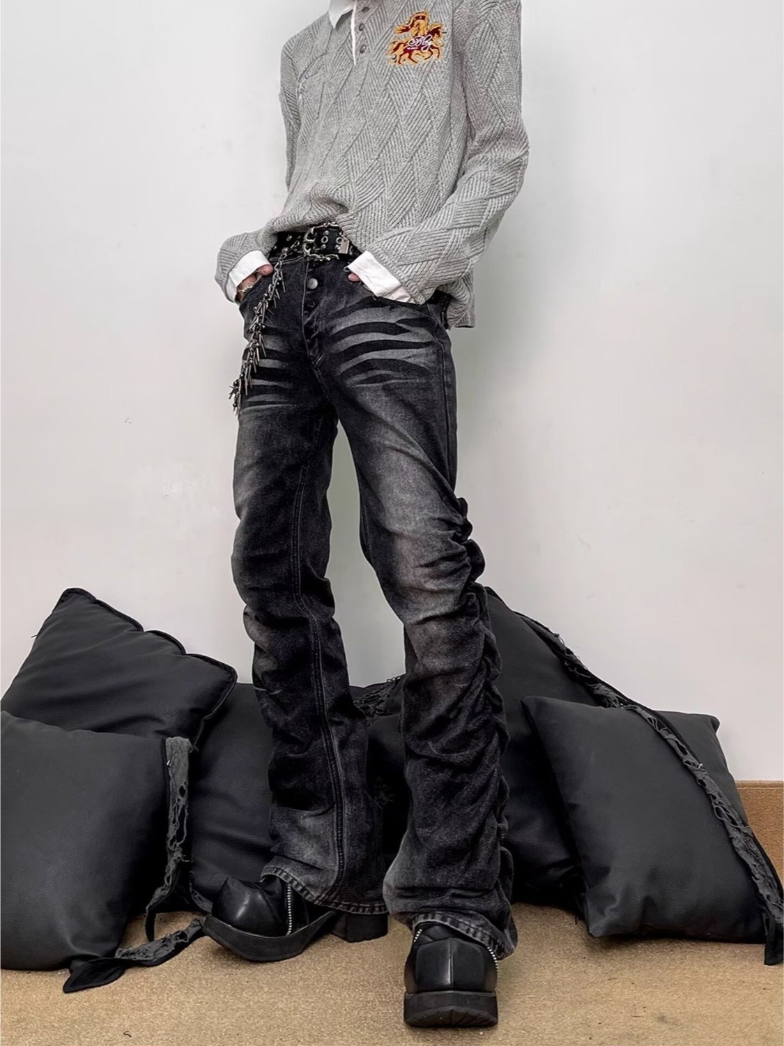 Washed Black Grey Men's Slim S - Streetwear Brand Denim ulasan dan harga